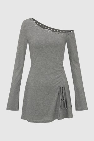 Grey Knit One Shoulder Dress With Studded Trim Tie Dresses